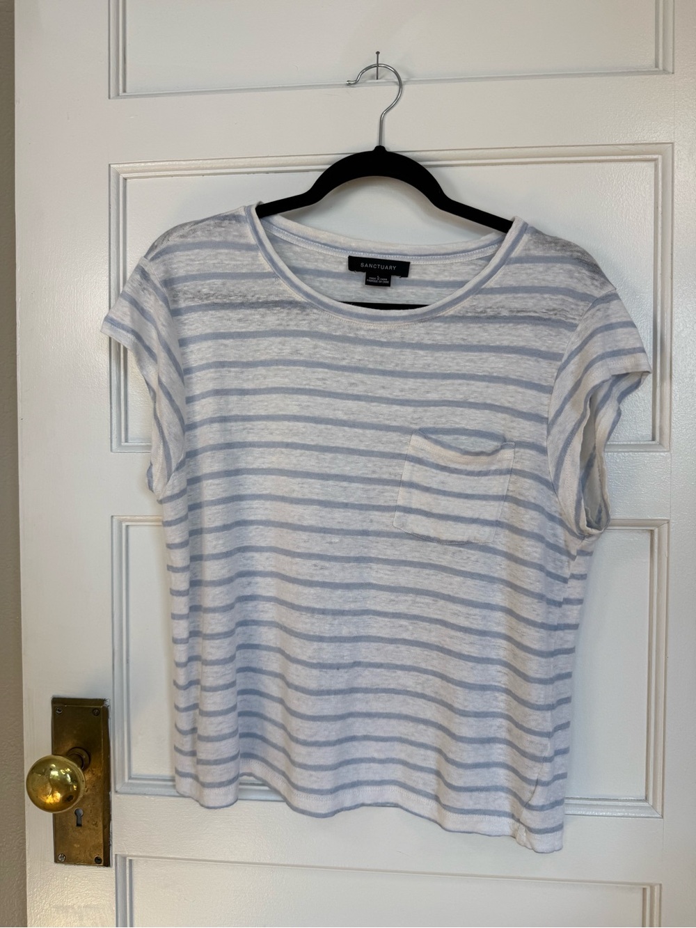 Sanctuary White and Light Blue Striped Pocket Tee